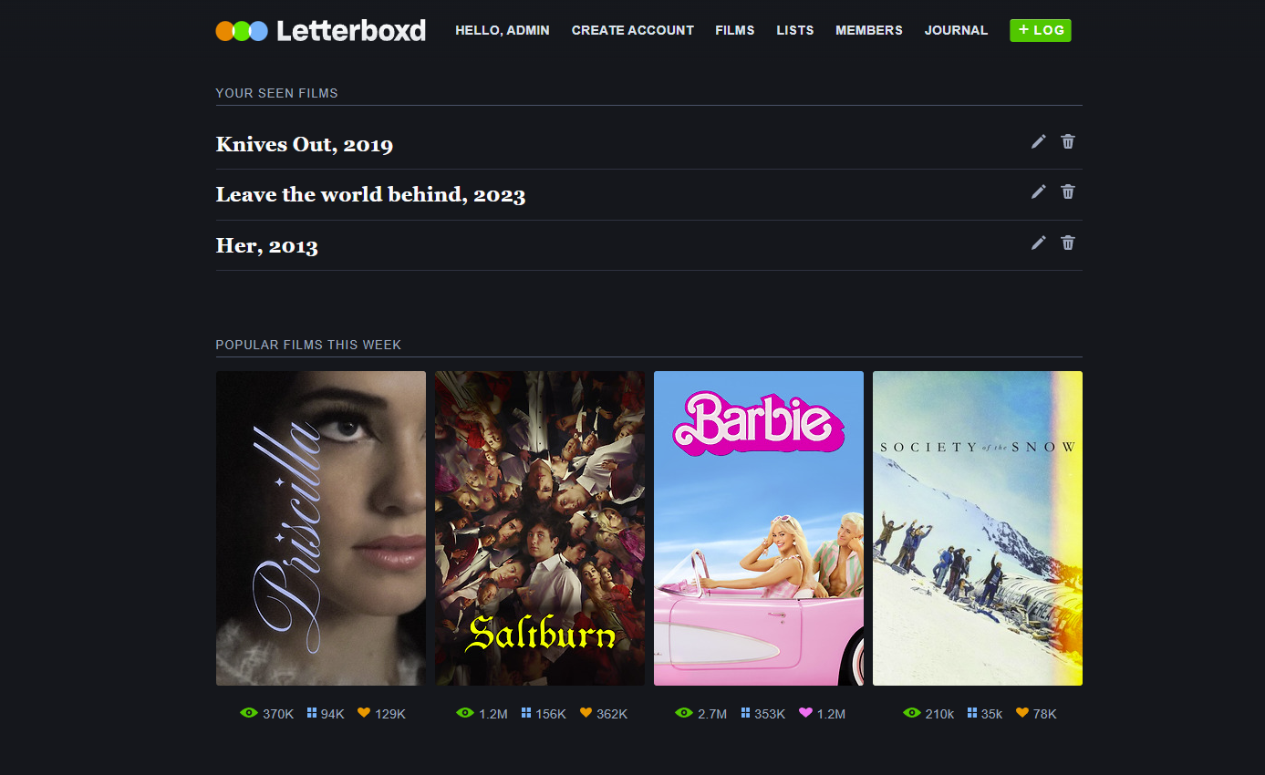 Interfaz de la app Letterboxd copycat